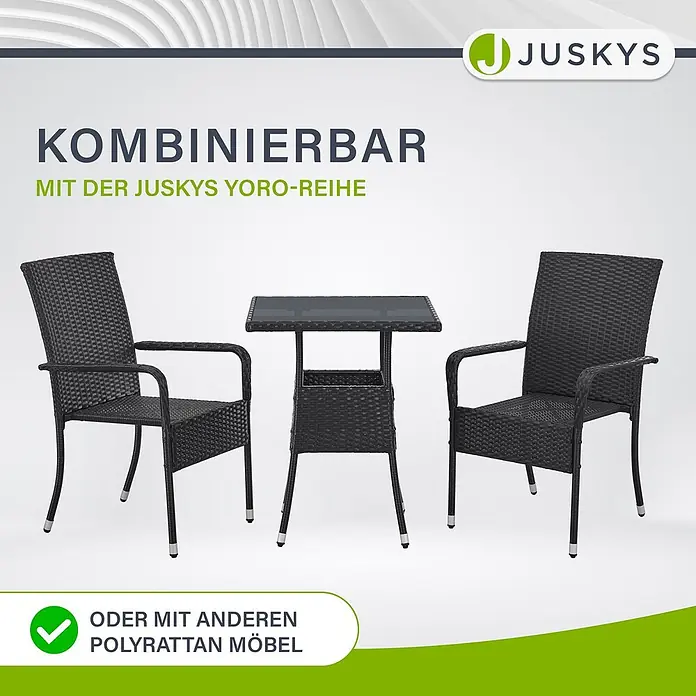 Juskys Gartentisch Yoro - L x B x H: 60 x 60 x 73 cm, Polyrattan, schwarz - Dunkles Polyrattan Balkonset mit zwei Stühlen und einem quadratischen Tisch, kombinierbar.