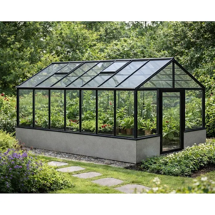 Bloomcabin Gewächshaus Aluminium für die Wandbasis - Außenmaß inkl. Dachüberstand (B x T): 235 x 533 cm, Material Seitenwand: Glas, 4 mm, Schwarz - Modernes Gewächshaus mit schwarzem Rahmen, Glas und Betonfundament, bepflanzt in einem Garten mit Dachlüftern.