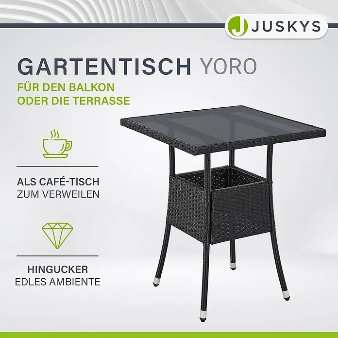 Juskys Gartentisch Yoro - L x B x H: 60 x 60 x 73 cm, Polyrattan, schwarz - Schwarzer quadratischer Gartentisch aus Polyrattan mit Glasplatte, ideal für Balkon oder Terrasse, auch als Cafétisch.
