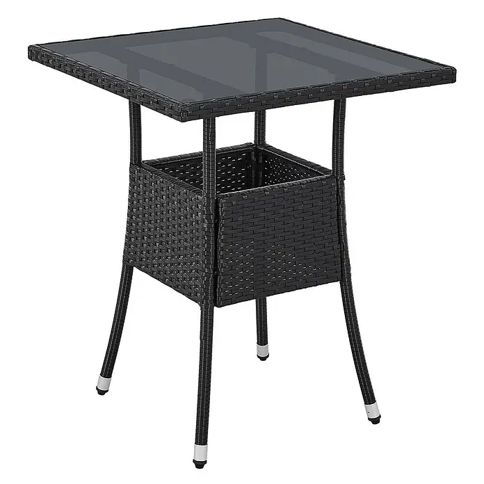 Juskys Gartentisch Yoro - L x B x H: 60 x 60 x 73 cm, Polyrattan, schwarz - Schwarzer Rattan-Bartisch mit quadratischer Glasplatte und integriertem Ablagefach, Metallbeine mit Schutzkappen.
