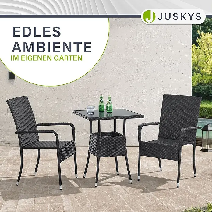 Juskys Gartentisch Yoro - L x B x H: 60 x 60 x 73 cm, Polyrattan, schwarz - Schwarzes Rattan-Bistro-Set für die Terrasse mit zwei Stühlen und einem Tisch. Der Tisch hat eine Glasplatte und eine Ablage.
