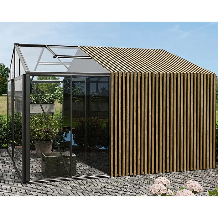 Bloomcabin Gewächshaus Aluminium Klassik mit Accoya-Fusion und großem integrierten Stauraum - Außenmaß inkl. Dachüberstand (B x T): 235 x 384 cm, Material Seitenwand: Glas, 4 mm, Schwarz - Modernes Outdoor-Gewächshaus: dunkler Glasbereich mit natürlichen Holzlamellenpaneelen, eine stilvolle Lösung für den Garten.