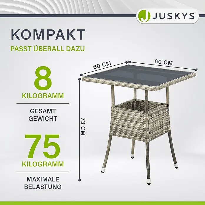 Juskys Gartentisch Yoro - L x B x H: 60 x 60 x 73 cm, Polyrattan, Grau - Ein quadratischer, grauer Rattan-Gartentisch mit Glasplatte.