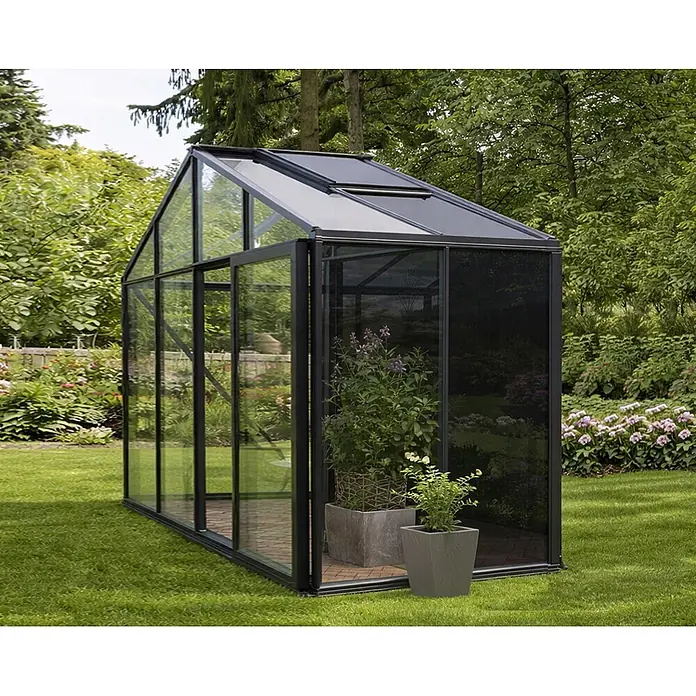 Bloomcabin Gewächshaus Aluminium Klassik mit kleinem integrierten Stauraum - Außenmaß inkl. Dachüberstand (B x T): 309 x 160 cm, Material Seitenwand: Glas, 4 mm, Schwarz - Schwarzgerahmtes Gewächshaus mit hellen und dunklen Scheiben im Garten, ideal zum Pflanzenanbau.