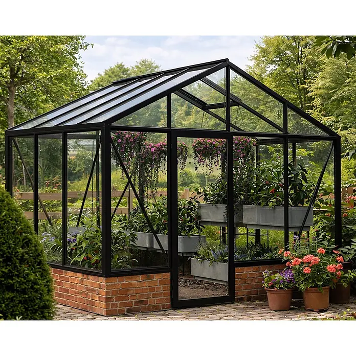 Bloomcabin Gewächshaus Aluminium für die Wandbasis - Außenmaß inkl. Dachüberstand (B x T): 309 x 235 cm, Material Seitenwand: Glas, 4 mm, Schwarz - Ein schwarz gerahmtes Glasgewächshaus auf Ziegelsockel, gefüllt mit Pflanzen und Blumen in einem üppigen Garten.