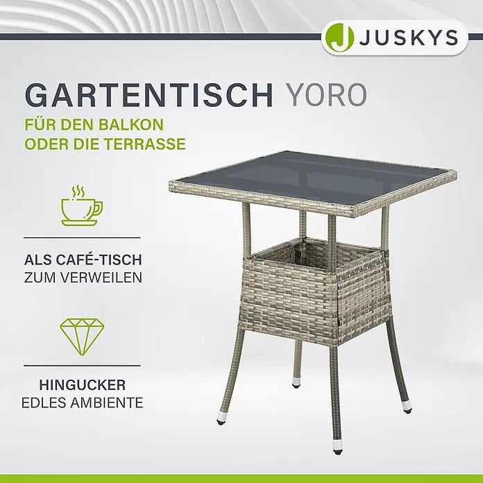 Juskys Gartentisch Yoro - L x B x H: 60 x 60 x 73 cm, Polyrattan, Grau - Quadratischer Gartentisch YORO mit grauem Rattan-Gestell und dunkler Glasplatte, inklusive Ablagefläche.