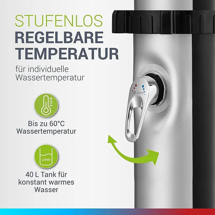 Juskys Solardusche Victoria - Höhe: 227 cm, Kunststoff, Schwarz, 40 l - Ein silber-schwarzer JUSKYS Warmwasserspender mit Chromhahn. Stufenlose Temperatureinstellung bis 60°C und 40L Tank.