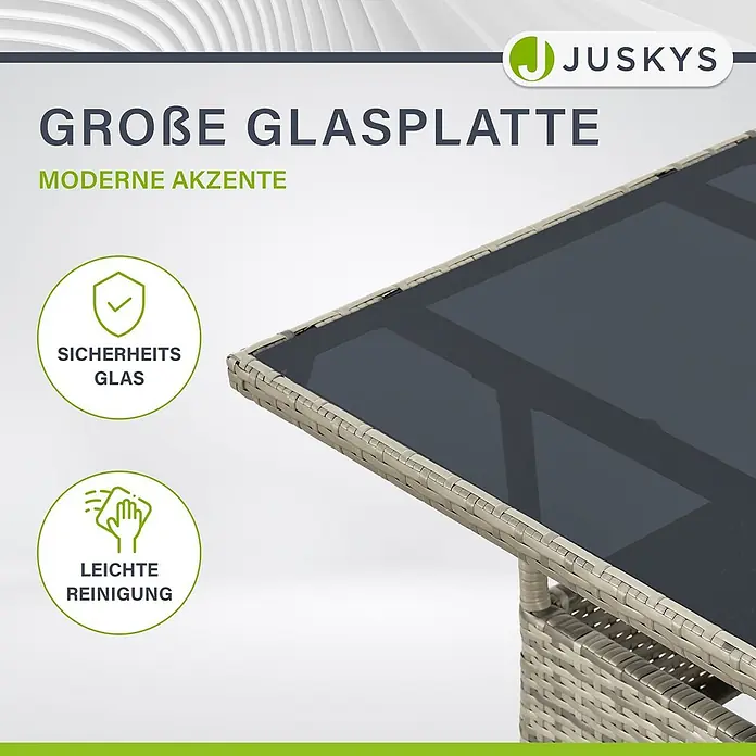 Juskys Gartentisch Yoro - L x B x H: 60 x 60 x 73 cm, Polyrattan, Grau - Rechteckiger Gartentisch mit dunkler Sicherheitsglasplatte und hellgrauem Rattan-Gestell.