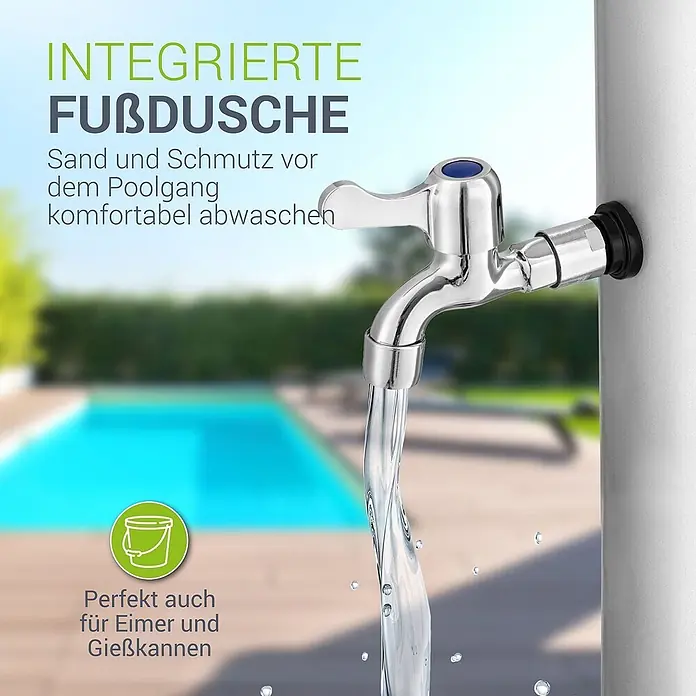 Juskys Solardusche Victoria - Höhe: 227 cm, Kunststoff, Schwarz, 40 l - Verchromter Außenzapfhahn/Fußdusche mit fließendem Wasser, integriert in eine Säule am Pool. Ideal zum Füßewaschen, Eimerfüllen.