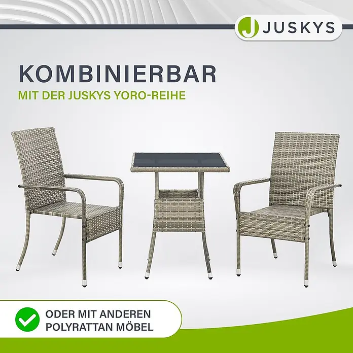 Juskys Gartentisch Yoro - L x B x H: 60 x 60 x 73 cm, Polyrattan, Grau - Zwei graue Polyrattan-Stühle und ein passender kleiner Tisch, kombinierbar mit anderen Polyrattan-Möbeln.