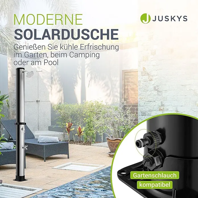 Juskys Solardusche Victoria - Höhe: 227 cm, Kunststoff, Schwarz, 40 l - JUSKYS moderne Solardusche aus Edelstahl und Schwarz, im Garten am Pool, mit Gartenschlauchanschluss.
