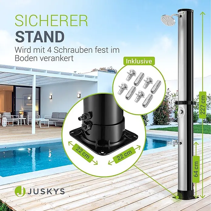 Juskys Solardusche Victoria - Höhe: 227 cm, Kunststoff, Schwarz, 40 l - Silberne Außendusche am Pool mit schwarzem Sockel, 227 cm hoch, inklusive 4 Schrauben zur Bodenverankerung.