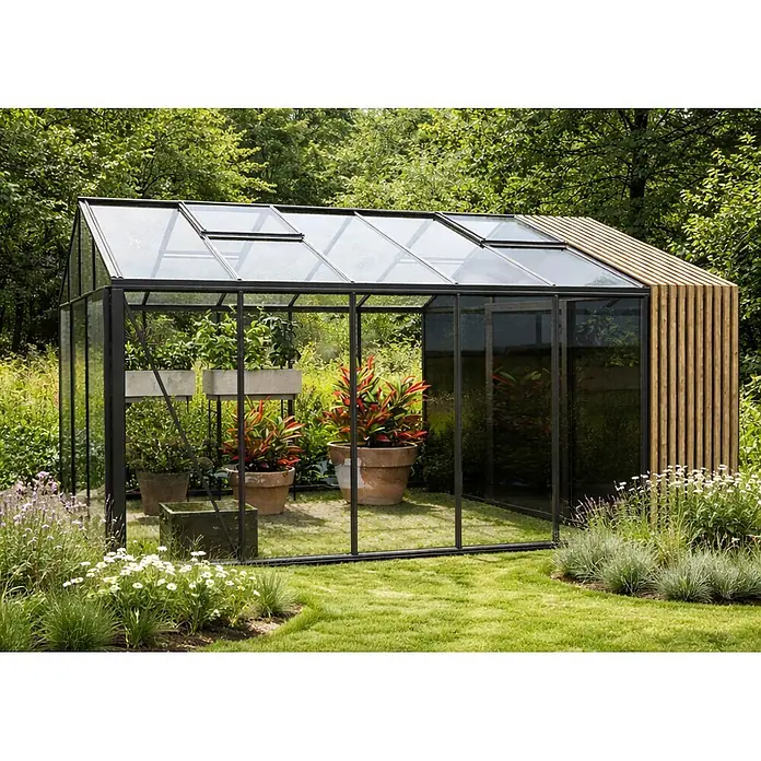 Bloomcabin Gewächshaus Aluminium Klassik mit Accoya-Fusion und kleinem integrierten Stauraum - Außenmaß inkl. Dachüberstand (B x T): 235 x 459 cm, Material Seitenwand: Glas, 4 mm, Schwarz - Modernes Gewächshaus mit schwarzem Rahmen, klaren Glasscheiben und hölzerner Seitenverkleidung, bepflanzt in einem Garten.