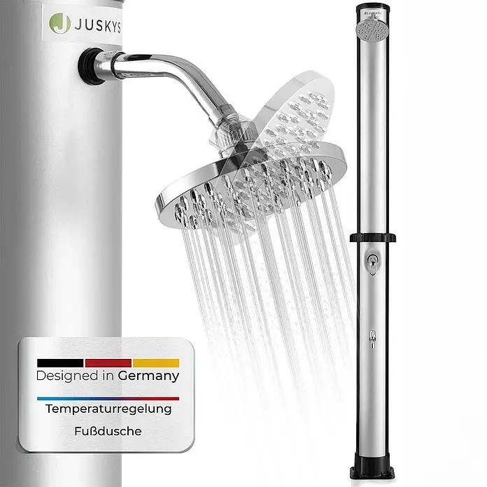 Juskys Solardusche Victoria - Höhe: 227 cm, Kunststoff, Schwarz, 40 l - Silberne JUSKYS Außendusche mit zwei Duschköpfen (Kopf- und Fußdusche), aus der Wasser fließt. Mit Temperaturregelung.