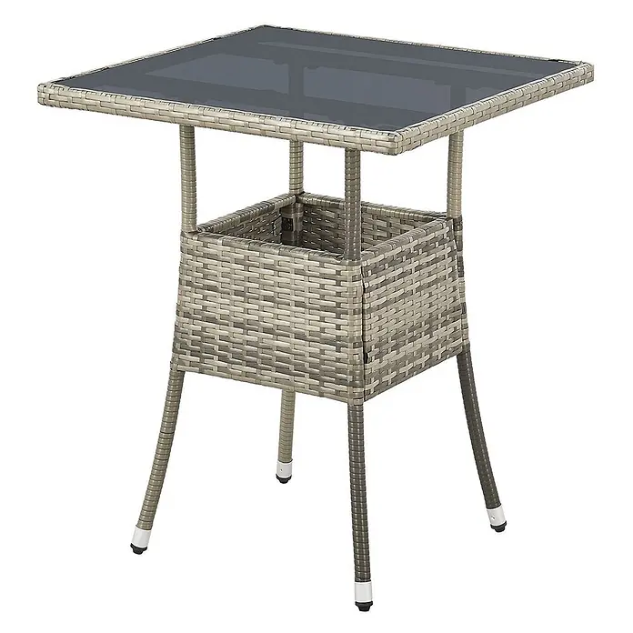 Juskys Gartentisch Yoro - L x B x H: 60 x 60 x 73 cm, Polyrattan, Grau - Quadratischer grauer Bar-Tisch im Rattan-Stil mit dunkler Glasplatte und integriertem Ablagefach.