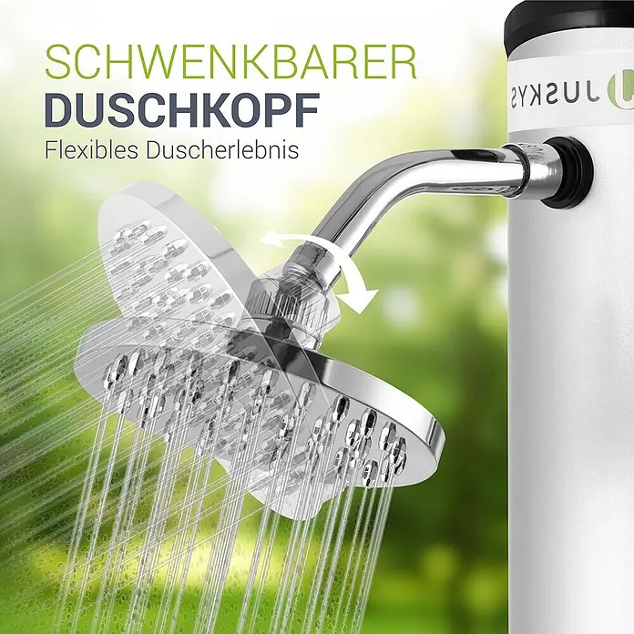 Juskys Solardusche Victoria - Höhe: 227 cm, Kunststoff, Schwarz, 40 l - Schwenkbarer Duschkopf aus Chrom, der Wasser sprüht, mit Pfeilen, die seine Verstellbarkeit zeigen. An einer Duschsäule befestigt.