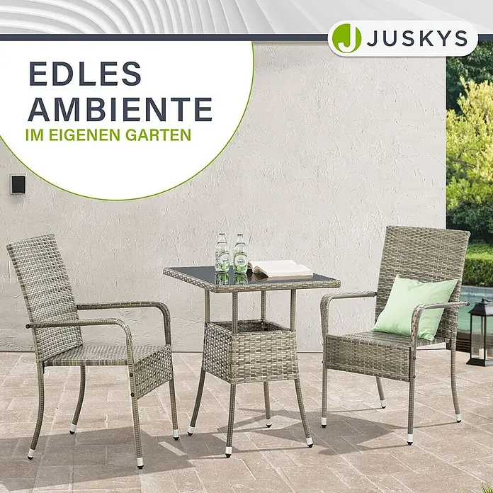 Juskys Gartentisch Yoro - L x B x H: 60 x 60 x 73 cm, Polyrattan, Grau - Graues Polyrattan-Bistrotischset mit zwei Stühlen und quadratischem Tisch auf der Terrasse, ideal für draußen.