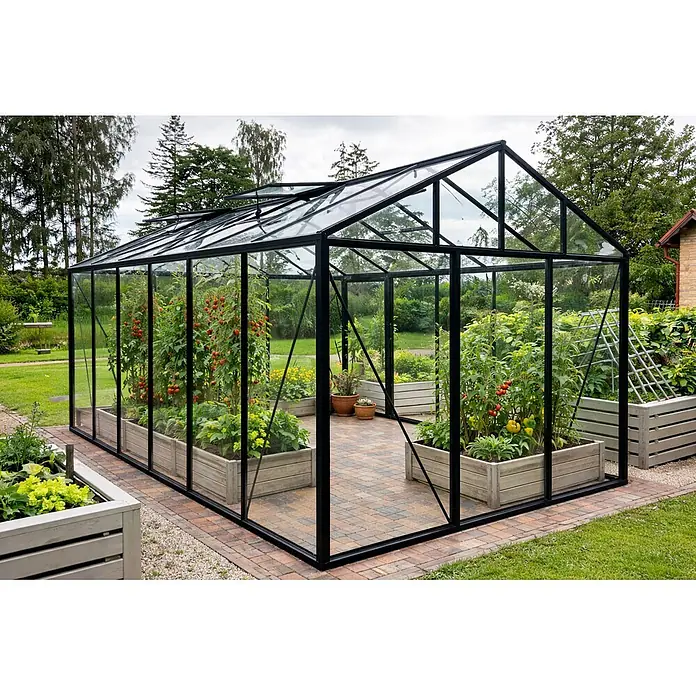 Bloomcabin Gewächshaus Aluminium Klassik - Außenmaß inkl. Dachüberstand (B x T): 235 x 533 cm, Material Seitenwand: Glas, 4 mm, Schwarz - Schwarz gerahmtes Glasgewächshaus mit geöffneten Dachfenstern, gefüllt mit Tomaten in Hochbeeten auf Ziegelsteinpflaster.