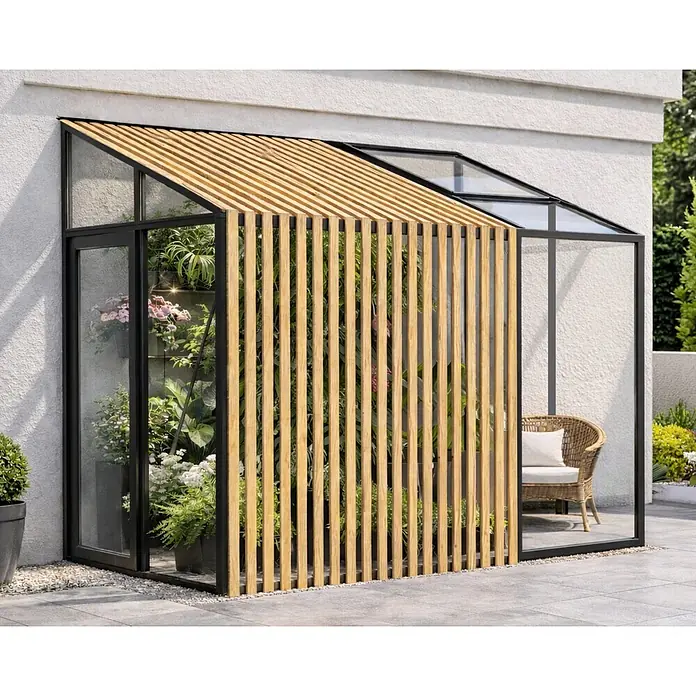 Bloomcabin Gewächshaus Aluminium Wandgewächshaus mit Accoya-Fusion - Außenmaß inkl. Dachüberstand (B x T): 235 x 160 cm, Höhe: 251 cm, Material Seitenwand: Glas, 4 mm, Schwarz - Anlehngewächshaus mit schwarzem Rahmen, Glas und Holzlamellen-Dach und -Seitenwand, an einer Hauswand.