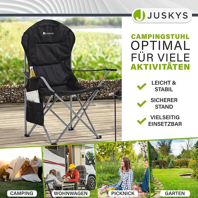 Juskys Campingstuhl Lido - Polyester, Klappbar, schwarz, B x T x H: 62 x 62 x 102 cm - Schwarzer Juskys Klapp-Campingstuhl mit Getränkehalter und Seitentasche, vielseitig einsetzbar für Camping, Wohnwagen, Picknick und Garten.