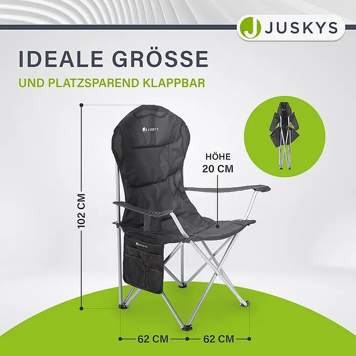Juskys Campingstuhl Lido - Polyester, Klappbar, schwarz, B x T x H: 62 x 62 x 102 cm - Dunkelgrauer JUSKYS Klapp-Campingstuhl. Maße: 102cm H, 62cm B, 20cm Sitzhöhe.