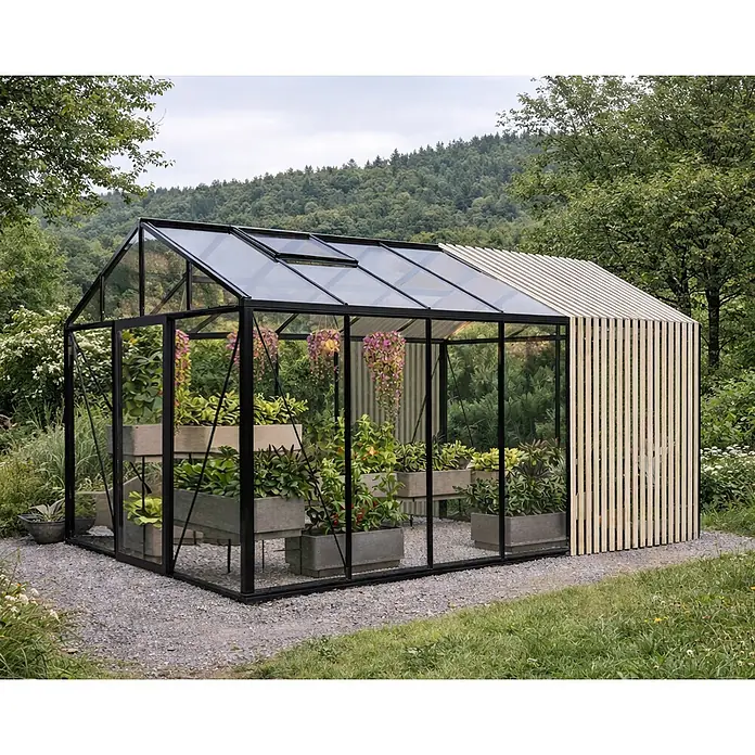 Bloomcabin Gewächshaus Aluminium Limited Edition mit Accoya-Fusion - Außenmaß inkl. Dachüberstand (B x T): 235 x 533 cm, Material Seitenwand: Glas, 4 mm, Schwarz - Schwarz gerahmtes Glasgewächshaus mit heller Holzlamellenwand, gefüllt mit Pflanzen in Kübeln im Freien.