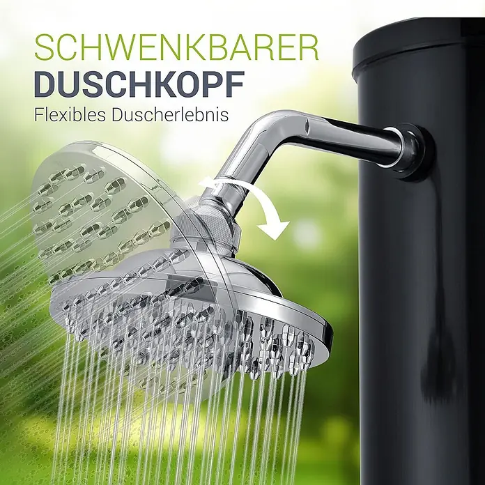 Juskys Solardusche Victoria - Höhe: 217 cm, Kunststoff, Schwarz, 35 l - Verstellbarer Duschkopf aus Chrom mit schwarzer Säule, Wasser sprühend. Ein Pfeil zeigt die Schwenkfunktion.