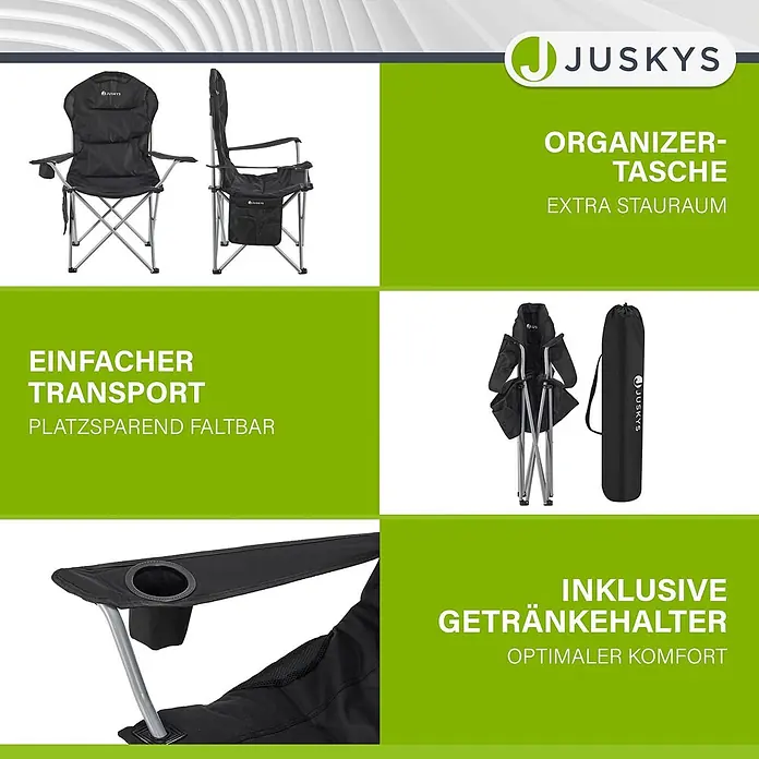 Juskys Campingstuhl Lido - Polyester, Klappbar, schwarz, B x T x H: 62 x 62 x 102 cm - Schwarzer Klapp-Campingstuhl mit seitlicher Organizer-Tasche und integriertem Getränkehalter, offen und zusammengeklappt für den Transport.