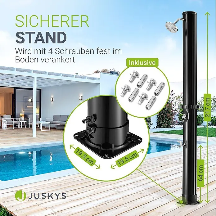 Juskys Solardusche Victoria - Höhe: 217 cm, Kunststoff, Schwarz, 35 l - Schwarze Außendusche (217 cm hoch) mit stabiler, festschraubbarer 19,5 cm Basis am Pool.