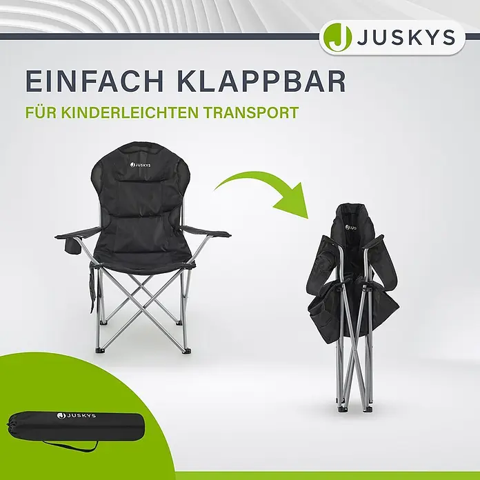 Juskys Campingstuhl Lido - Polyester, Klappbar, schwarz, B x T x H: 62 x 62 x 102 cm - Schwarzer klappbarer Campingstuhl, offen, gefaltet und in seiner Tragetasche gezeigt, für einfachen Transport.