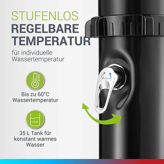 Juskys Solardusche Victoria - Höhe: 217 cm, Kunststoff, Schwarz, 35 l - Schwarze Duschsäule mit Chrom-Temperaturregler, stufenlos einstellbar bis 60°C und 35L Tank.