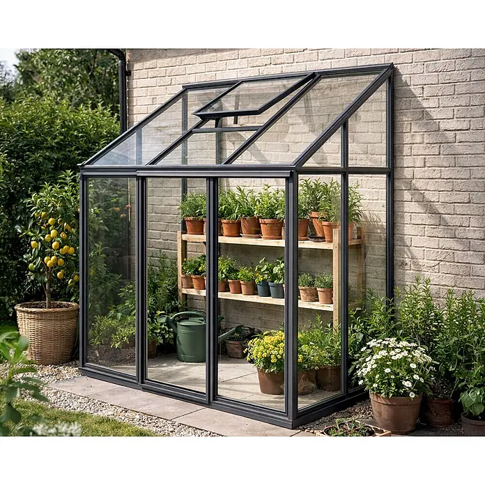 Bloomcabin Gewächshaus Aluminium Wandgewächshaus - Außenmaß inkl. Dachüberstand (B x T): 235 x 160 cm, Höhe: 268 cm, Material Seitenwand: Glas, 4 mm, Schwarz - Schwarzes Anlehn-Gewächshaus mit Glas, an eine Ziegelwand gebaut und mit Topfpflanzen gefüllt.