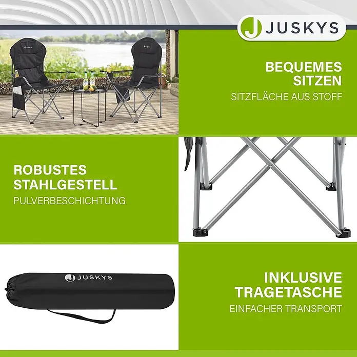 Juskys Campingstuhl Lido - Polyester, Klappbar, schwarz, B x T x H: 62 x 62 x 102 cm - Schwarze klappbare Campingstühle aus Stoff mit robusten Stahlrahmen, gezeigt mit Tragetasche für einfachen Transport.