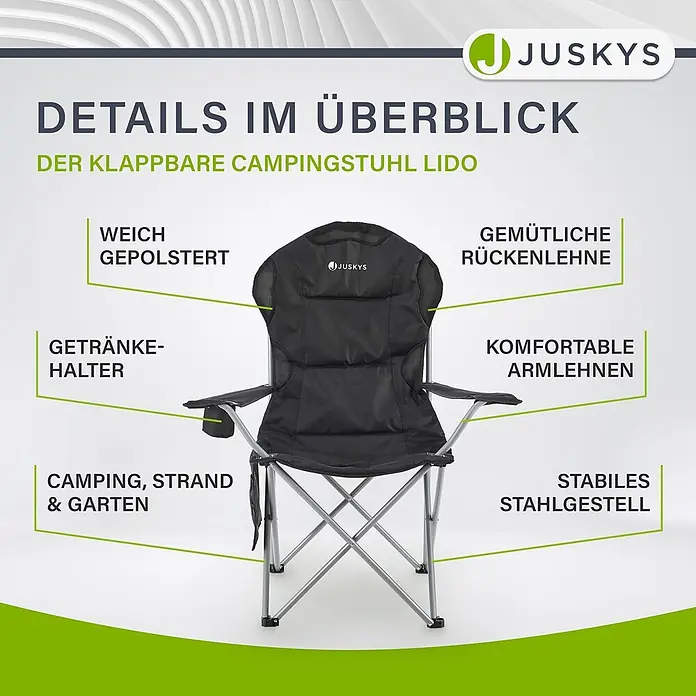 Juskys Campingstuhl Lido - Polyester, Klappbar, schwarz, B x T x H: 62 x 62 x 102 cm - Schwarzer gepolsterter Klapp-Campingstuhl mit Stahlgestell und Getränkehalter.