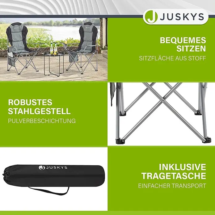 Juskys Campingstuhl Lido - Polyester, Klappbar, grau, B x T x H: 62 x 62 x 102 cm - Zwei graue Klapp-Campingstühle mit Stahlrahmen und Stoffbezug, mit kleinem Tisch und schwarzer Tragetasche.