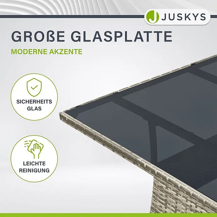Juskys Gartentisch Yoro - L x B x H: 80 x 80 x 73 cm, Polyrattan, Grau - Dunkle Glasplatte auf einem hellen, geflochtenen Tisch.