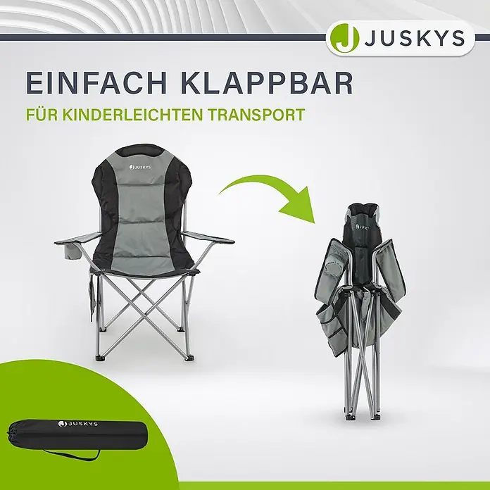 Juskys Campingstuhl Lido - Polyester, Klappbar, grau, B x T x H: 62 x 62 x 102 cm - Grauer und schwarzer klappbarer Campingstuhl, ausgeklappt, zusammengeklappt und mit schwarzer Tragetasche, zur Demonstration des einfachen Transports.