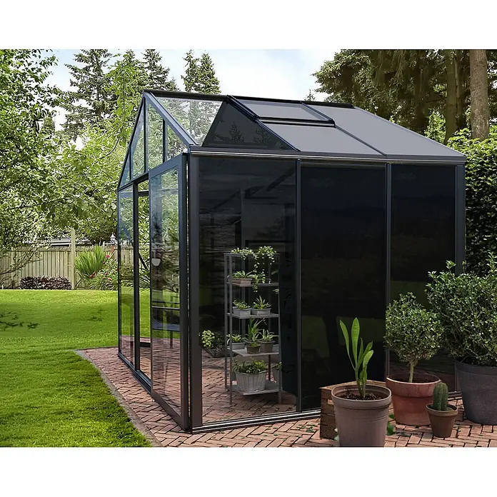 Bloomcabin Gewächshaus Aluminium Klassik mit mittlerem integrierten Stauraum - Außenmaß inkl. Dachüberstand (B x T): 235 x 235 cm, Material Seitenwand: Glas, 4 mm, Schwarz - Modernes Gewächshaus mit dunklem Rahmen, klaren und getönten Glaspaneelen, mit Pflanzen innen und außen, auf einer Ziegelterrasse im Garten.