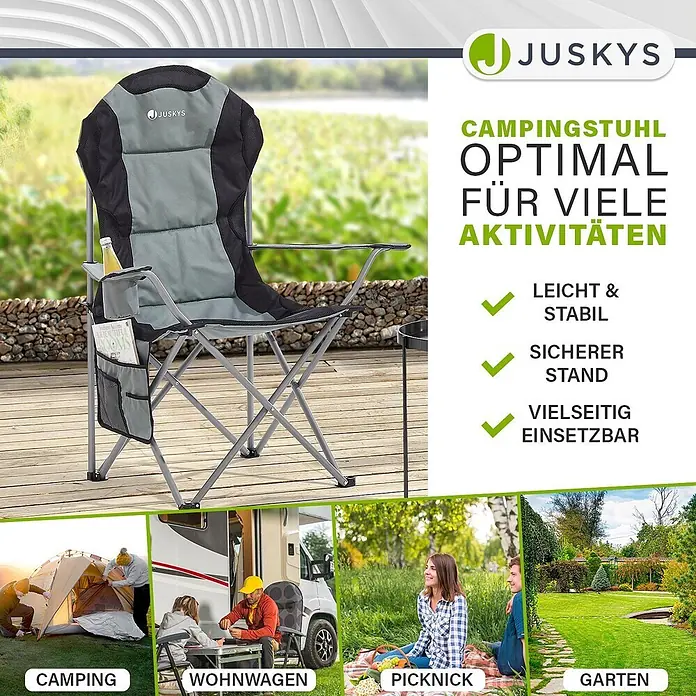 Juskys Campingstuhl Lido - Polyester, Klappbar, grau, B x T x H: 62 x 62 x 102 cm - Grauer und schwarzer Campingstuhl mit Getränkehalter und Seitentaschen, gezeigt beim Camping, Picknick und im Garten.