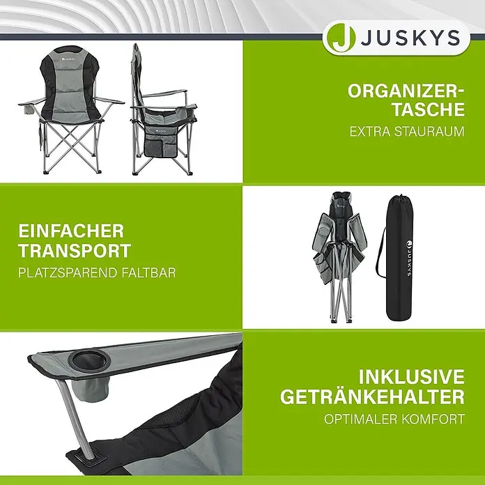 Juskys Campingstuhl Lido - Polyester, Klappbar, grau, B x T x H: 62 x 62 x 102 cm - Juskys Campingstuhl in Schwarz und Grau, mit Organizer-Tasche, Getränkehalter und faltbarem Design.