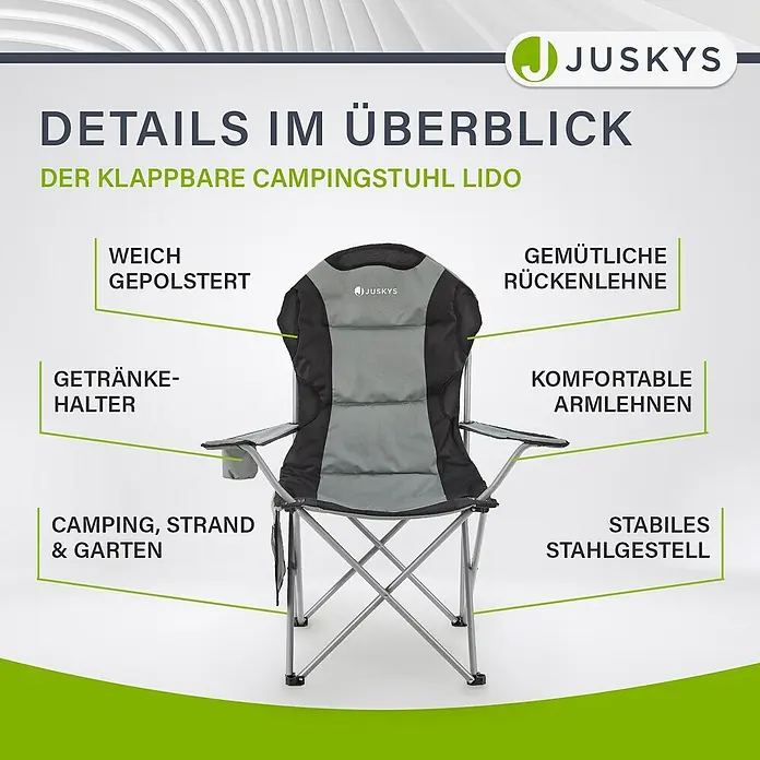 Juskys Campingstuhl Lido - Polyester, Klappbar, grau, B x T x H: 62 x 62 x 102 cm - Klappbarer Campingstuhl in Grau-Schwarz mit Stahlgestell, gepolsterter Sitzfläche, Rückenlehne, Armlehnen und Getränkehalter.