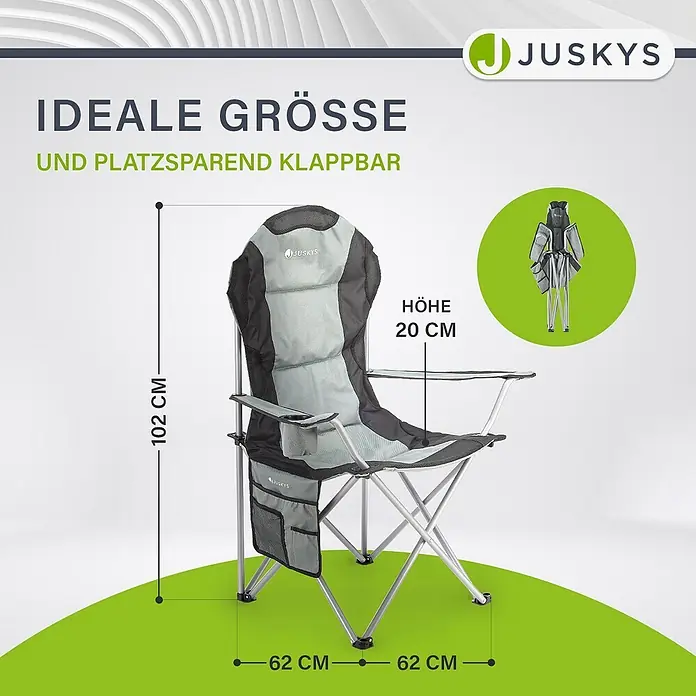Juskys Campingstuhl Lido - Polyester, Klappbar, grau, B x T x H: 62 x 62 x 102 cm - Ein zusammenklappbarer Campingstuhl in Grau und Schwarz mit Maßen (102x62 cm, Armlehne 20 cm). Eine kleinere Ansicht zeigt ihn zusammengeklappt.