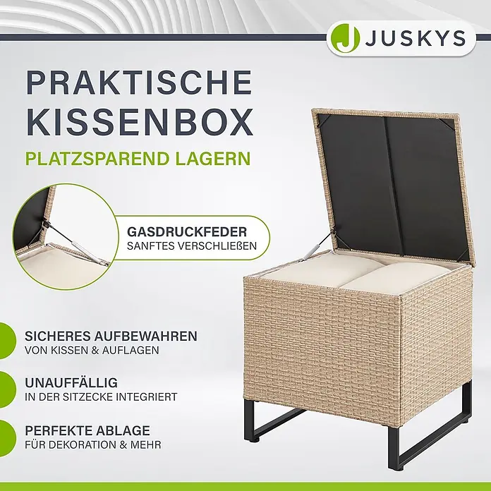 Juskys Loungemöbel-Set Santorini - 4 -tlg., Möbel: Stahl (pulverbeschichtet), Polyrattan, gehärtetes Glas; Polster/Kissen: 100 % Polyestergewebe, Farbe Möbel: CremeFarbe Polster/Kissen: SandMax. Belastbarkeit je Bank: 320 kg, Beige - Beige Kissenbox im Rattan-Look mit Gasdruckfeder für sanftes Schließen, bietet platzsparenden Stauraum für Kissen und Auflagen.