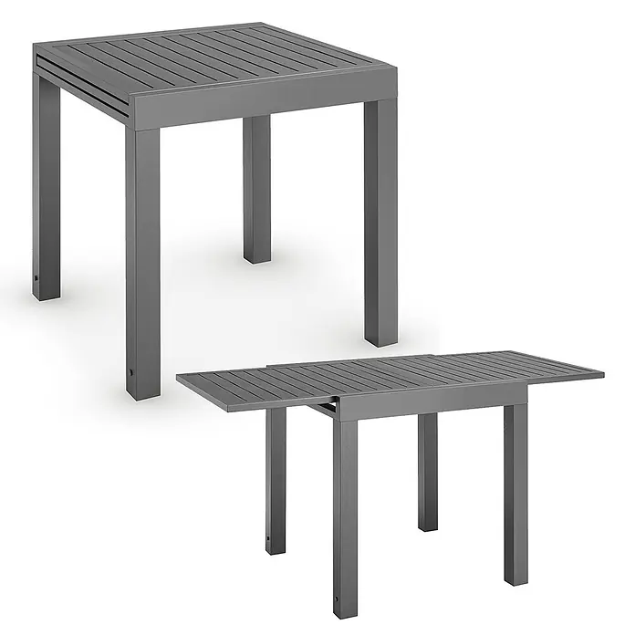 Juskys Gartentisch Laki - L x B x H: 70 x 70 x 75 cm, Aluminium, Grau - Grauer ausziehbarer Metall-Gartentisch, in kompakter quadratischer und ausgezogener rechteckiger Position gezeigt.