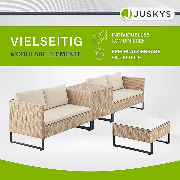 Juskys Loungemöbel-Set Santorini - 4 -tlg., Möbel: Stahl (pulverbeschichtet), Polyrattan, gehärtetes Glas; Polster/Kissen: 100 % Polyestergewebe, Farbe Möbel: CremeFarbe Polster/Kissen: SandMax. Belastbarkeit je Bank: 320 kg, Beige - Modulare Outdoor-Möbel: beige Rattan-Sofas mit Kissen, Aufbewahrungsbox und Glastisch auf schwarzen Gestellen.