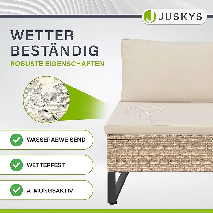 Juskys Loungemöbel-Set Santorini - 4 -tlg., Möbel: Stahl (pulverbeschichtet), Polyrattan, gehärtetes Glas; Polster/Kissen: 100 % Polyestergewebe, Farbe Möbel: CremeFarbe Polster/Kissen: SandMax. Belastbarkeit je Bank: 320 kg, Beige - Beiges Outdoor-Kissen mit Wassertropfen auf einer Rattan-Gartenliege, zeigt wetterfeste, wasserabweisende und atmungsaktive Eigenschaften.