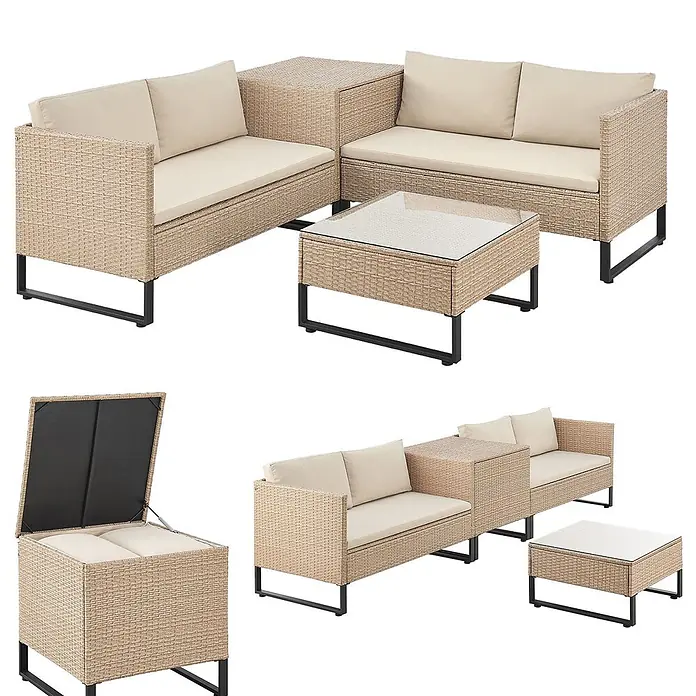Juskys Loungemöbel-Set Santorini - 4 -tlg., Möbel: Stahl (pulverbeschichtet), Polyrattan, gehärtetes Glas; Polster/Kissen: 100 % Polyestergewebe, Farbe Möbel: CremeFarbe Polster/Kissen: SandMax. Belastbarkeit je Bank: 320 kg, Beige - Beiges Rattan-Modul-Gartenmöbelset mit zwei Sofas, Aufbewahrungsbox und Couchtisch mit Glasplatte auf schwarzen Metallbeinen.