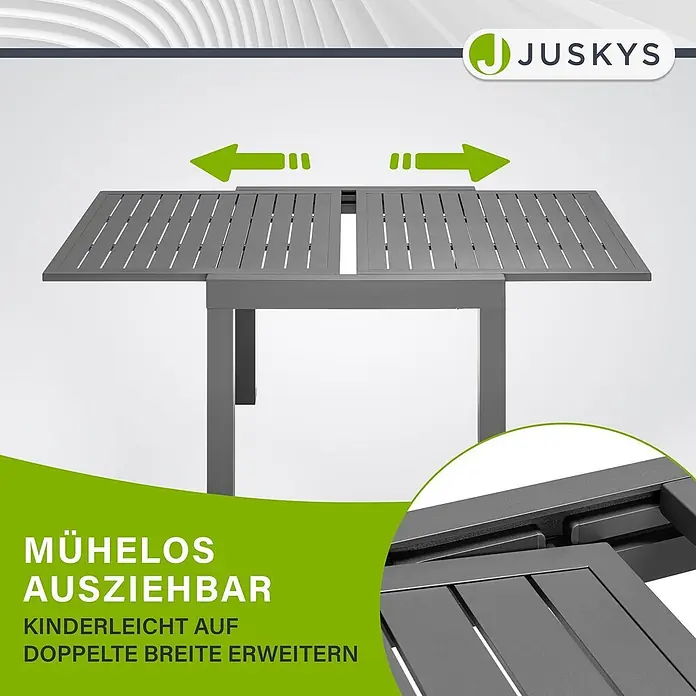Juskys Gartentisch Laki - L x B x H: 70 x 70 x 75 cm, Aluminium, Grau - Grauer, ausziehbarer Metall-Gartentisch, dessen Platten sich zum Verbreitern aufschieben lassen.