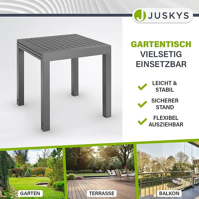Juskys Gartentisch Laki - L x B x H: 70 x 70 x 75 cm, Aluminium, Grau - Grauer quadratischer Gartentisch mit Lattenplatte, gezeigt in Garten, auf Terrasse und Balkon, was seine Vielseitigkeit hervorhebt.