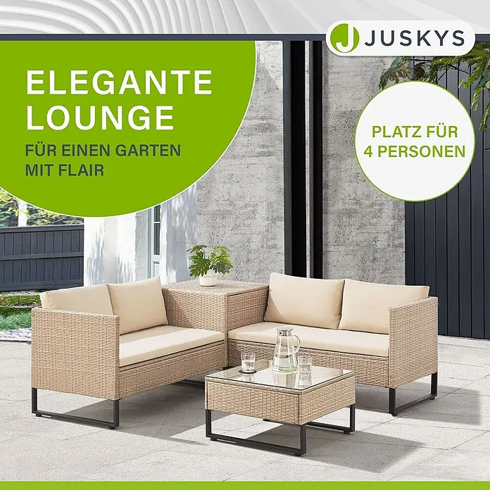 Juskys Loungemöbel-Set Santorini - 4 -tlg., Möbel: Stahl (pulverbeschichtet), Polyrattan, gehärtetes Glas; Polster/Kissen: 100 % Polyestergewebe, Farbe Möbel: CremeFarbe Polster/Kissen: SandMax. Belastbarkeit je Bank: 320 kg, Beige - Beiges Rattan-Lounge-Set für 4 Personen mit schwarzen Rahmen und Glastisch.